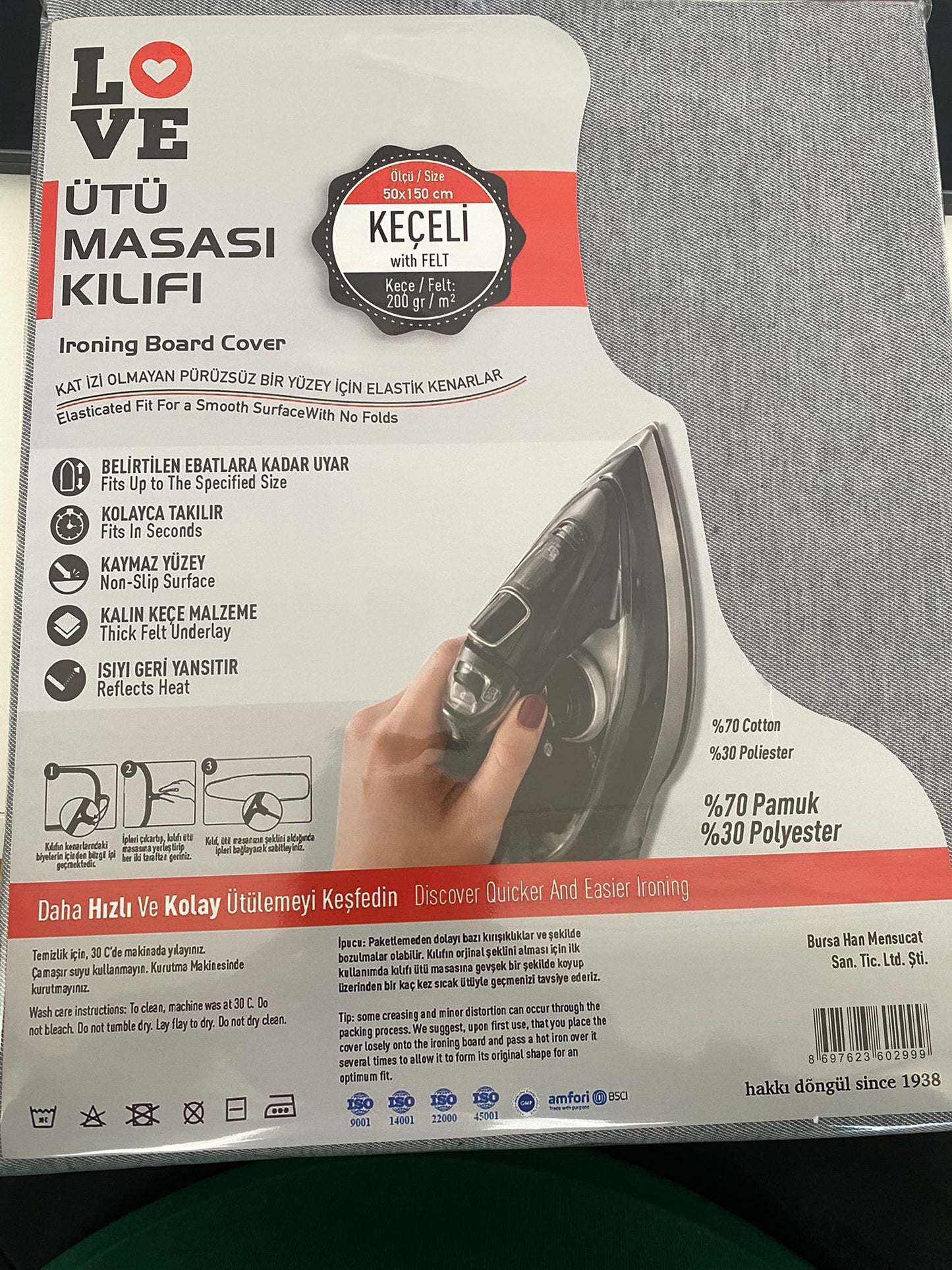Ütü Masası Kılıfı – 50x150 cm, Isıya Dayanıklı Keçe, Ayarlanabilir Bağlantı