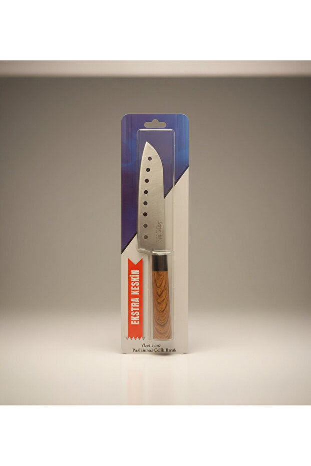 Minteks Home Ekstra Keskin Delikli Santoku Şef Bıçağı – Ahşap Saplı, Kaplama İnoks Çelik
