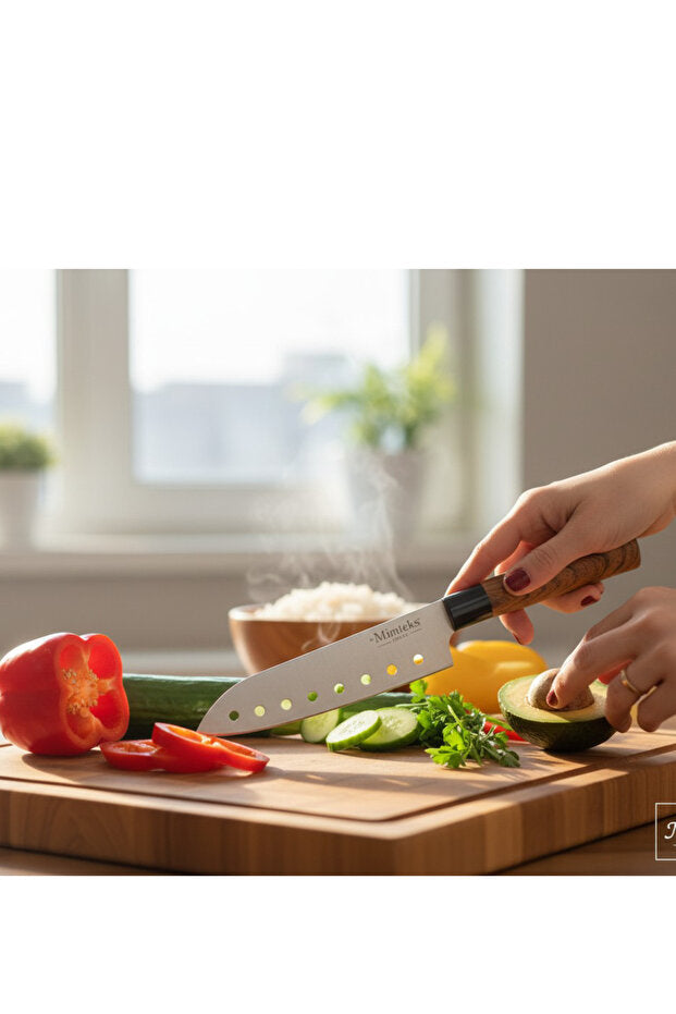 Minteks Home Ekstra Keskin Delikli Santoku Şef Bıçağı – Ahşap Saplı, Kaplama İnoks Çelik