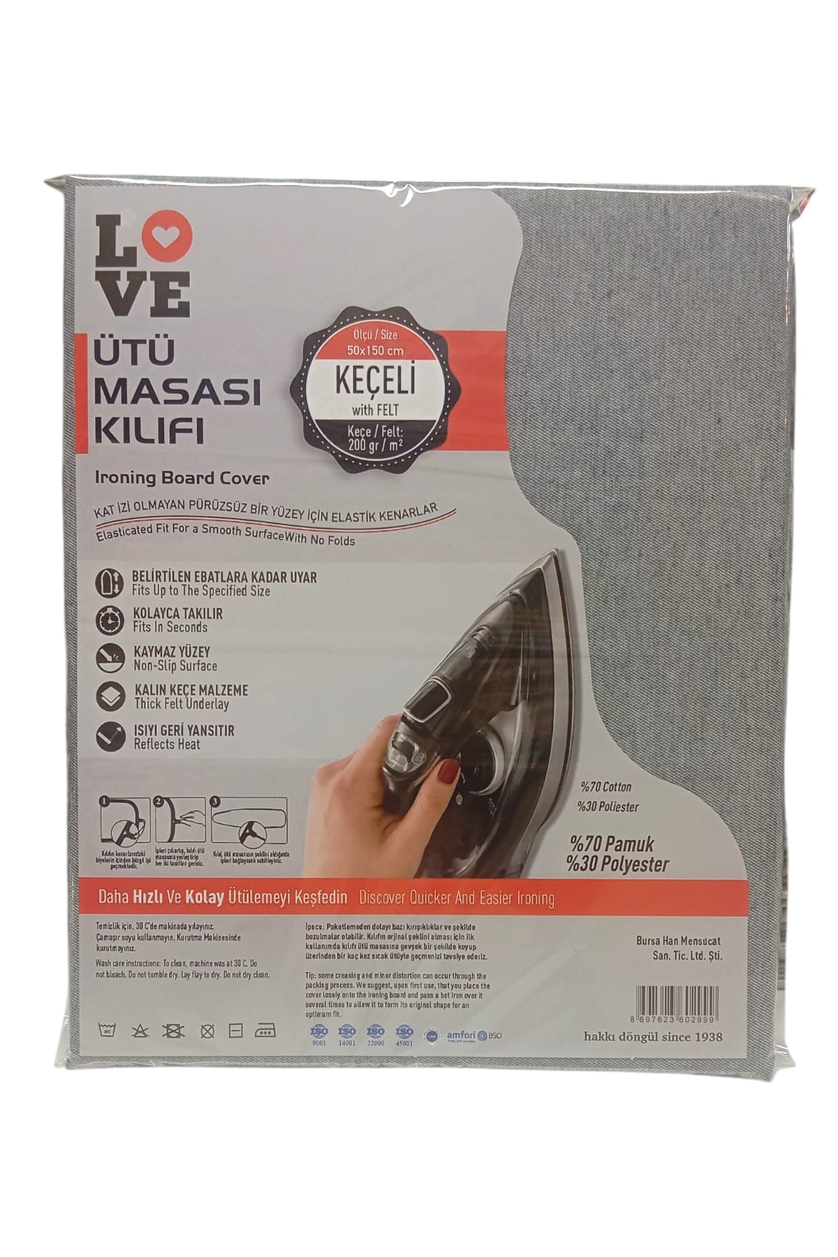 Ütü Masası Kılıfı – 50x150 cm, Isıya Dayanıklı Keçe, Ayarlanabilir Bağlantı